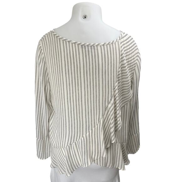 Ann Taylor LOFT White Striped Asymmetric Ruffle Long Sleeve Blouse Top Size XL - Picture 2 of 4